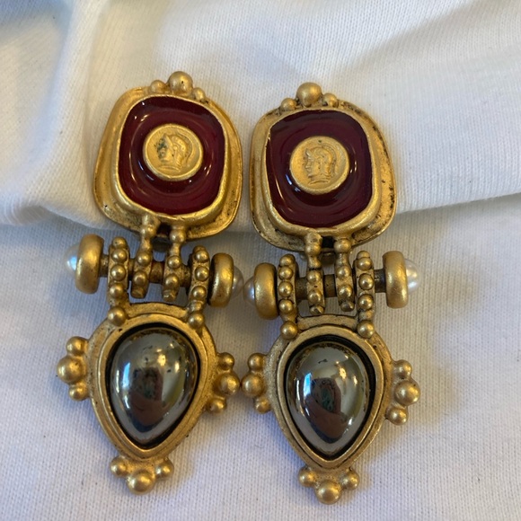 Jewelry - Etruscan Inspired Clip Earrings Faux Coin Neo Classical Vintage Intaglio Cameo